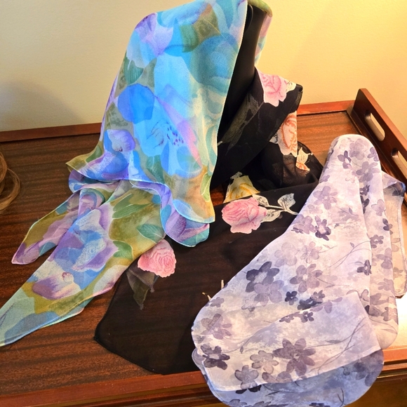 Three Sheer Woman's Scarfs, 2 Square, 1 Rectangle, Pastel & Neutral Colors - Picture 1 of 16